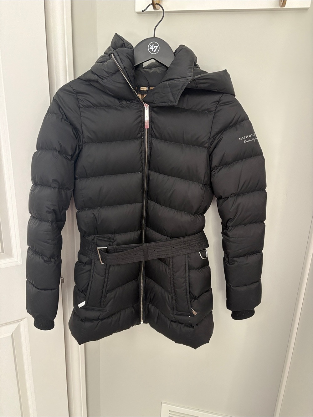 Burberry Black Puffer Hooded Belted Coat